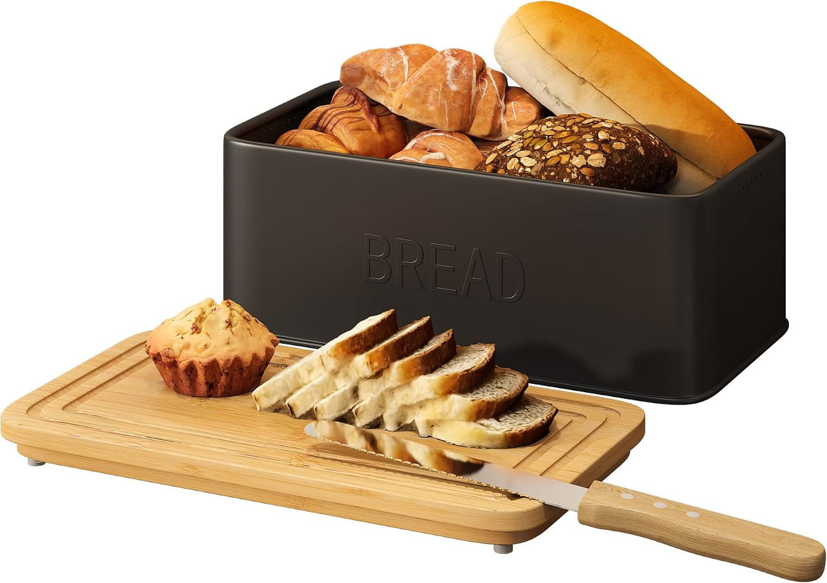 Bread Box for Kitchen Countertop, Metal with Bamboo Lid & Bread Knife