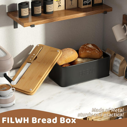 Bread Box for Kitchen Countertop, Metal with Bamboo Lid & Bread Knife
