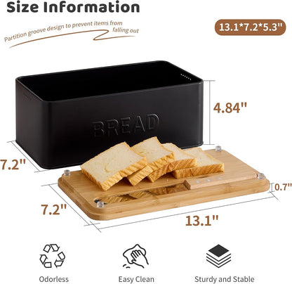 Bread Box for Kitchen Countertop, Metal with Bamboo Lid & Bread Knife