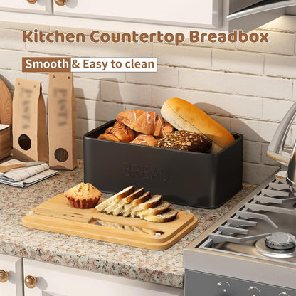 Bread Box for Kitchen Countertop, Metal with Bamboo Lid & Bread Knife