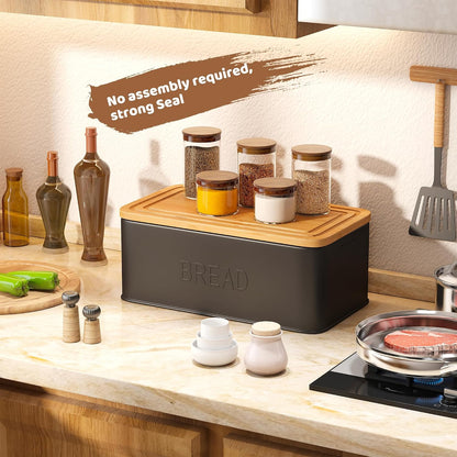 Bread Box for Kitchen Countertop, Metal with Bamboo Lid & Bread Knife