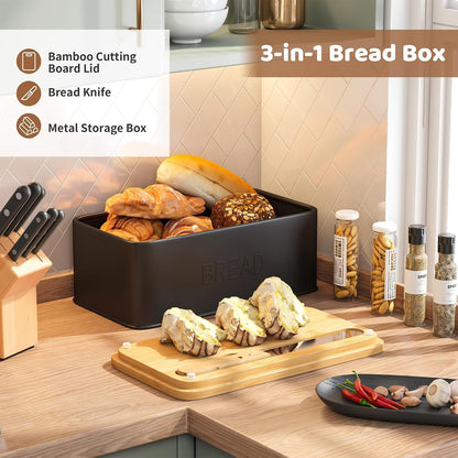 Bread Box for Kitchen Countertop, Metal with Bamboo Lid & Bread Knife