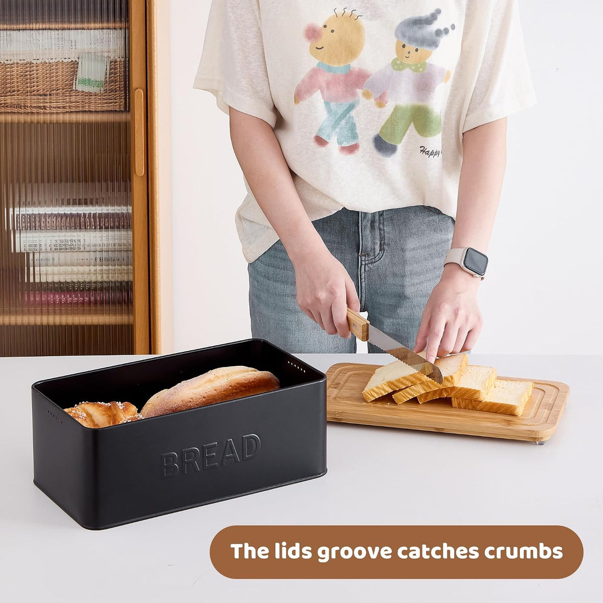 Bread Box for Kitchen Countertop, Metal with Bamboo Lid & Bread Knife
