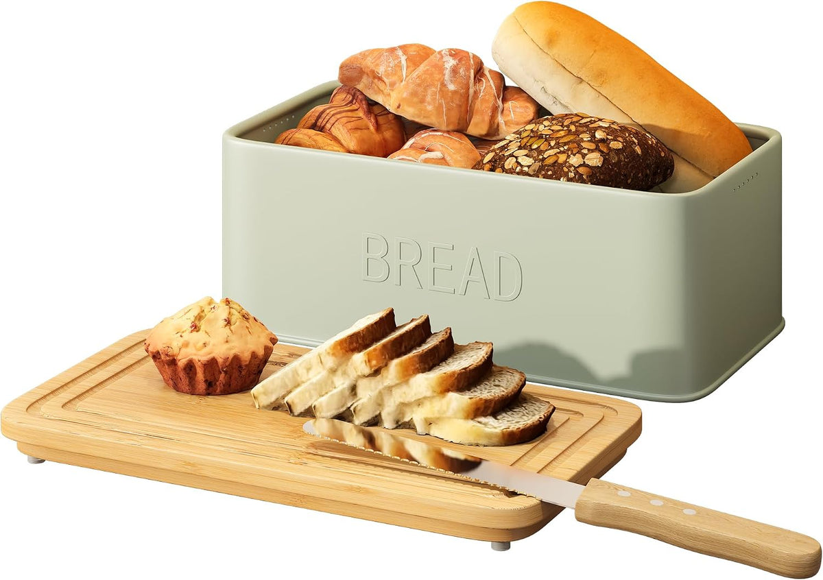 Bread Box for Kitchen Countertop, Metal with Bamboo Lid & Bread Knife