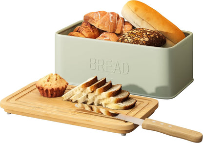 Bread Box for Kitchen Countertop, Metal with Bamboo Lid & Bread Knife