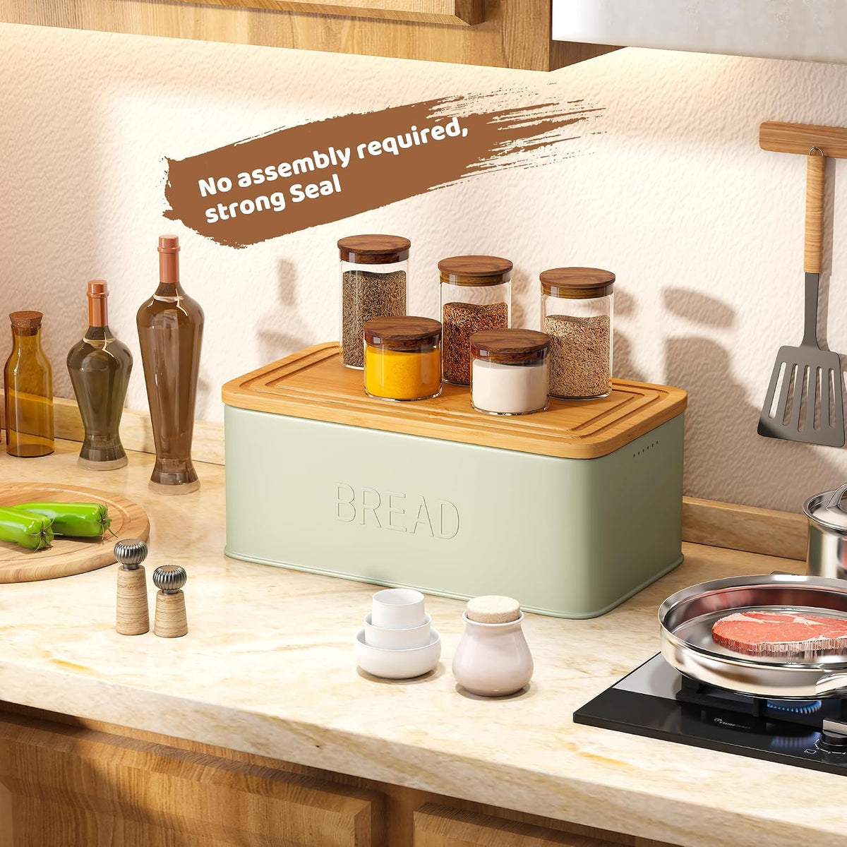 Bread Box for Kitchen Countertop, Metal with Bamboo Lid & Bread Knife