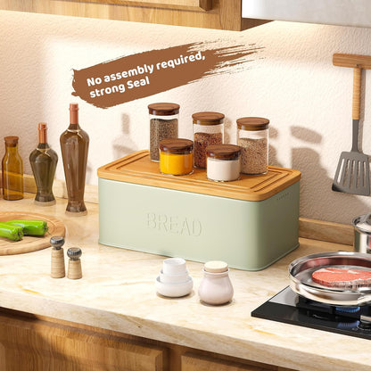 Bread Box for Kitchen Countertop, Metal with Bamboo Lid & Bread Knife