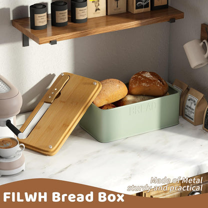 Bread Box for Kitchen Countertop, Metal with Bamboo Lid & Bread Knife
