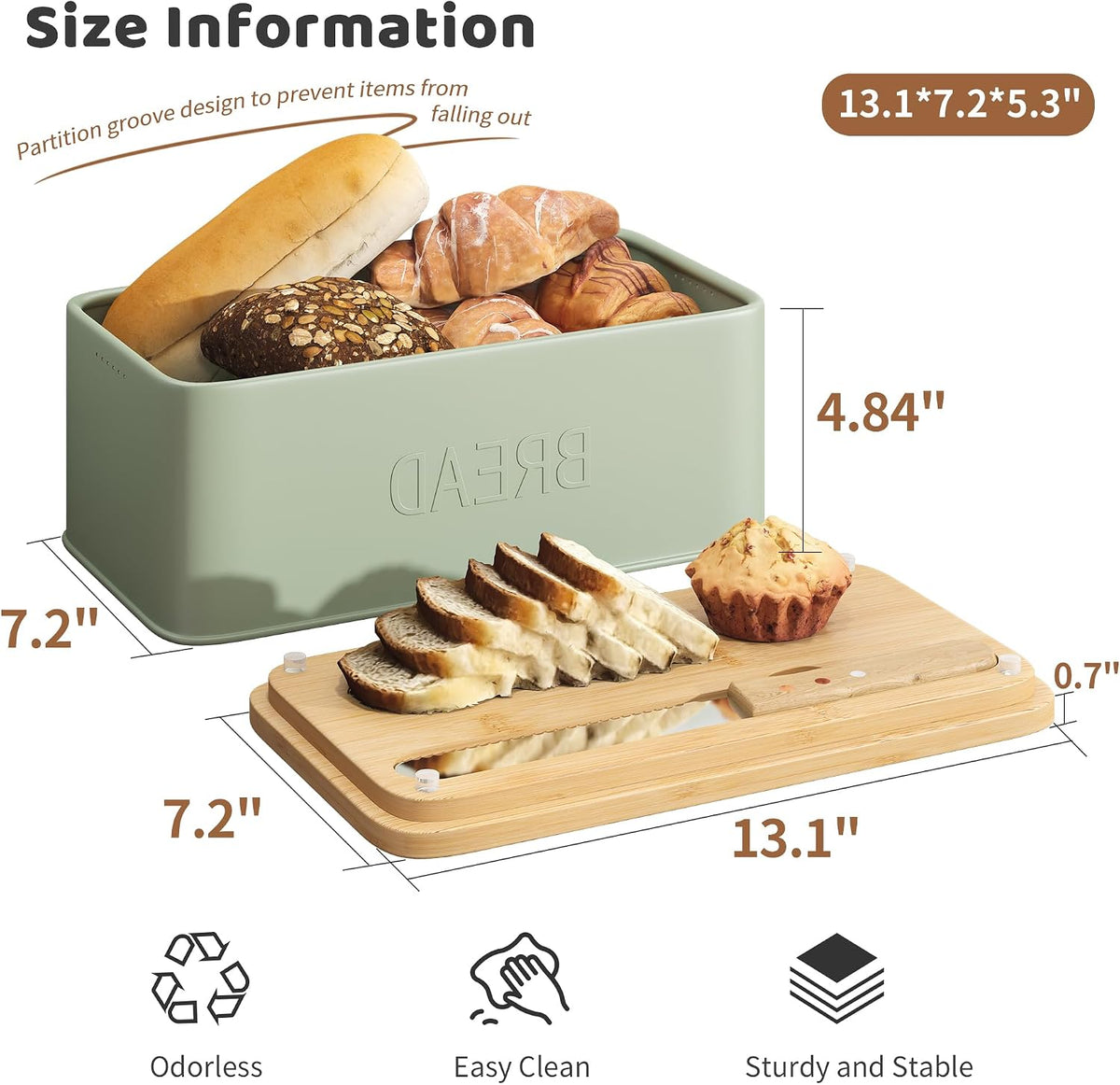 Bread Box for Kitchen Countertop, Metal with Bamboo Lid & Bread Knife