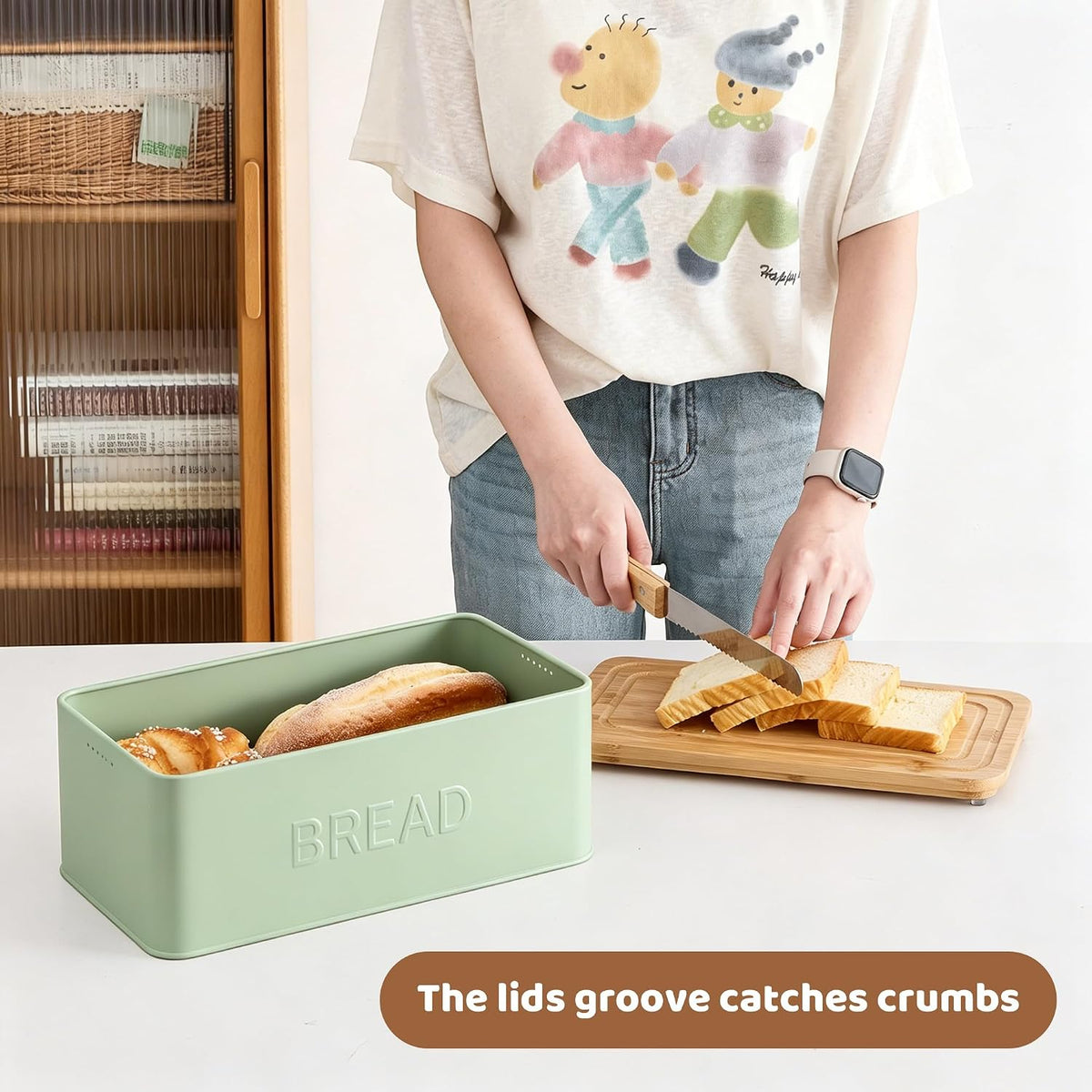 Bread Box for Kitchen Countertop, Metal with Bamboo Lid & Bread Knife