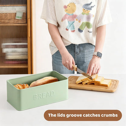 Bread Box for Kitchen Countertop, Metal with Bamboo Lid & Bread Knife