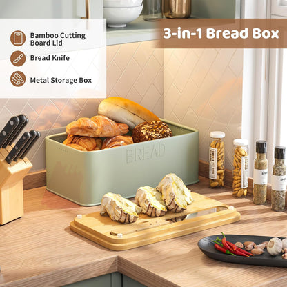Bread Box for Kitchen Countertop, Metal with Bamboo Lid & Bread Knife