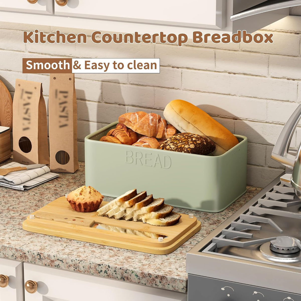 Bread Box for Kitchen Countertop, Metal with Bamboo Lid & Bread Knife