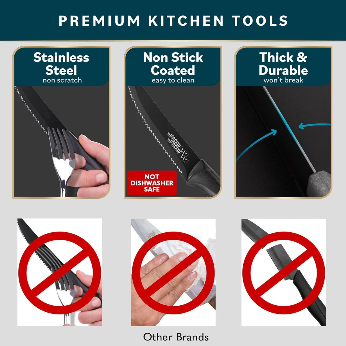 High-Carbon Stainless Steel Steak Knife Set - Sharp Serrated Knives & Nonstick Coating - Ergonomic TPR-Coated Handles - Rust-Resistant Blades & Hand Wash - 8-Piece Set, Black