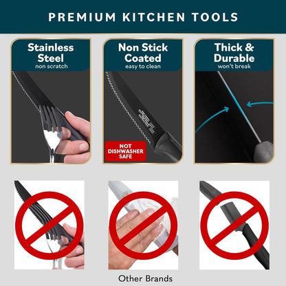High-Carbon Stainless Steel Steak Knife Set - Sharp Serrated Knives & Nonstick Coating - Ergonomic TPR-Coated Handles - Rust-Resistant Blades & Hand Wash - 8-Piece Set, Black