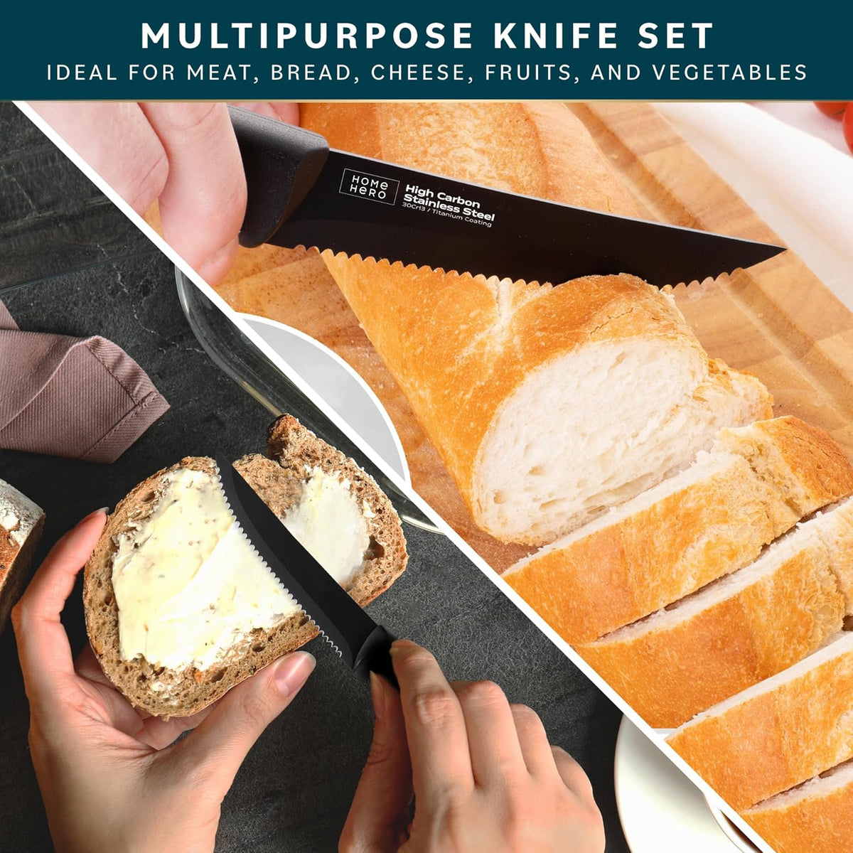 High-Carbon Stainless Steel Steak Knife Set - Sharp Serrated Knives & Nonstick Coating - Ergonomic TPR-Coated Handles - Rust-Resistant Blades & Hand Wash - 8-Piece Set, Black