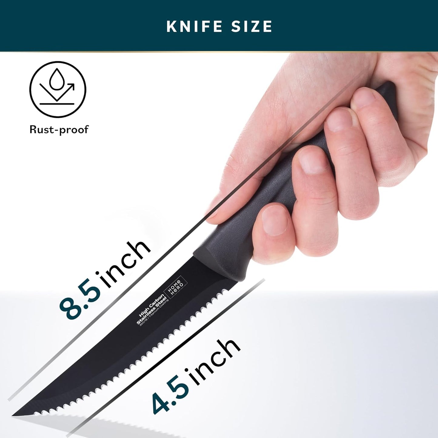 High-Carbon Stainless Steel Steak Knife Set - Sharp Serrated Knives & Nonstick Coating - Ergonomic TPR-Coated Handles - Rust-Resistant Blades & Hand Wash - 8-Piece Set, Black