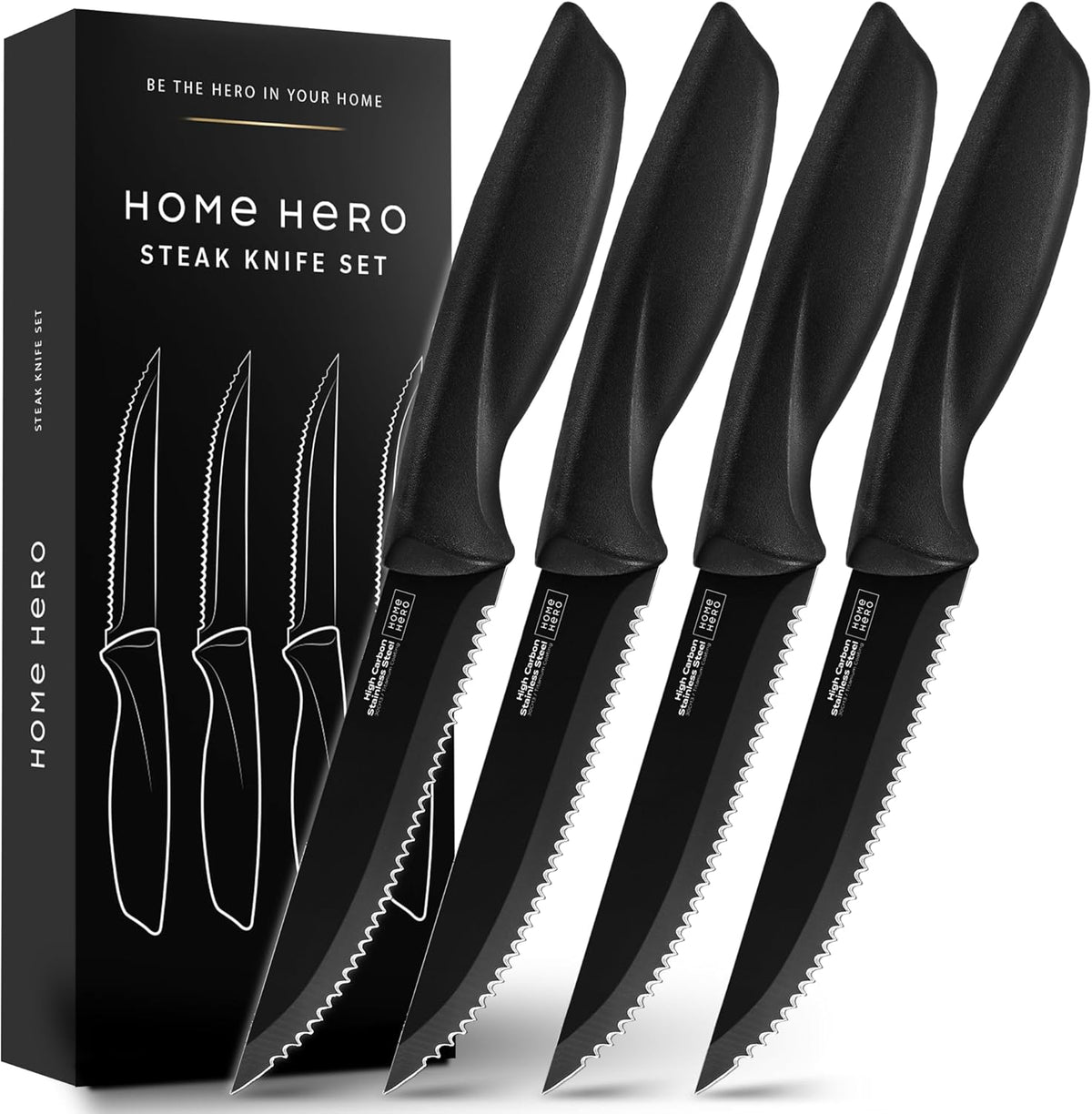 High-Carbon Stainless Steel Steak Knife Set - Sharp Serrated Knives & Nonstick Coating - Ergonomic TPR-Coated Handles - Rust-Resistant Blades & Hand Wash - 8-Piece Set, Black