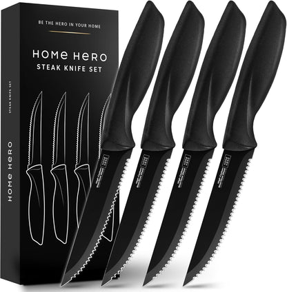 High-Carbon Stainless Steel Steak Knife Set - Sharp Serrated Knives & Nonstick Coating - Ergonomic TPR-Coated Handles - Rust-Resistant Blades & Hand Wash - 8-Piece Set, Black