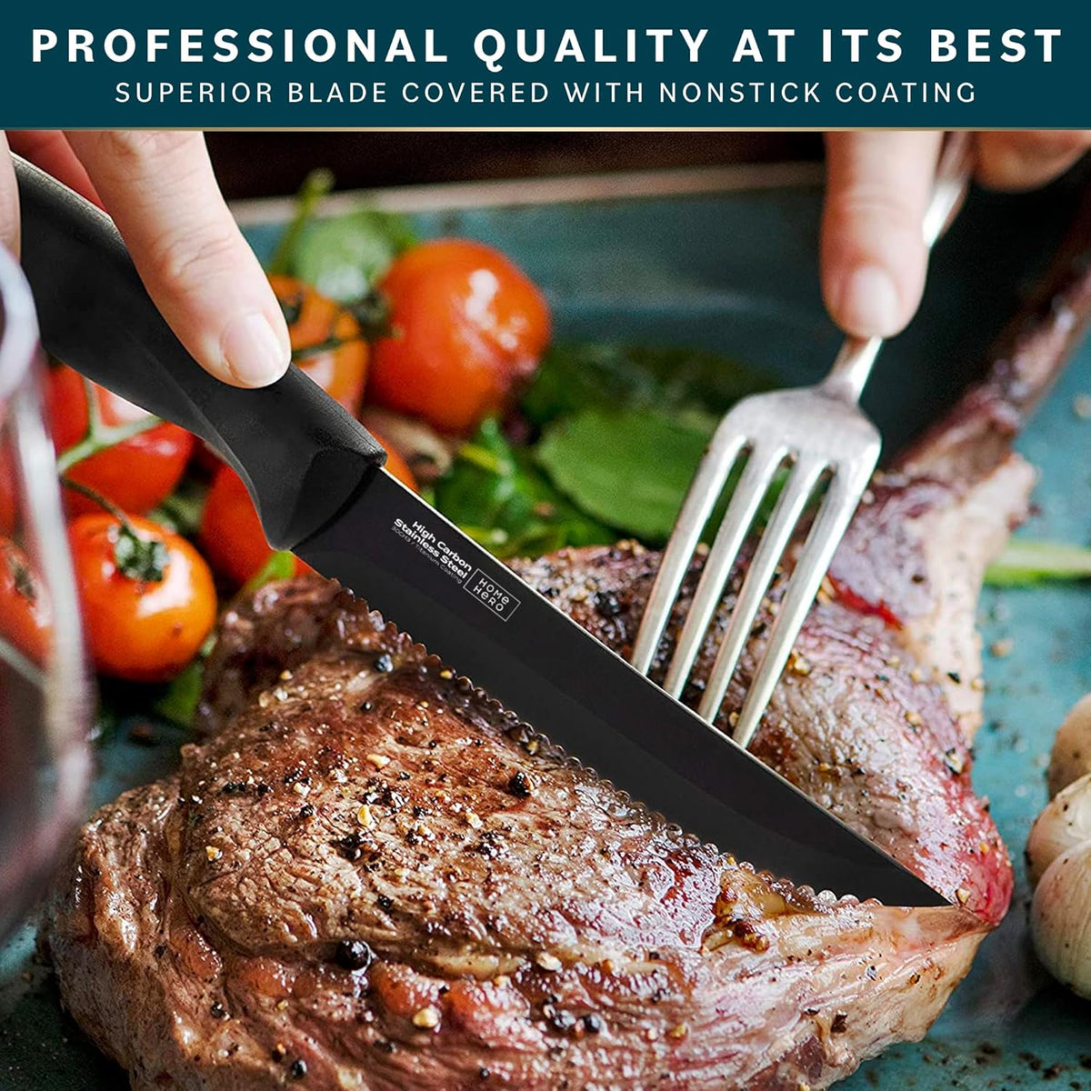 High-Carbon Stainless Steel Steak Knife Set - Sharp Serrated Knives & Nonstick Coating - Ergonomic TPR-Coated Handles - Rust-Resistant Blades & Hand Wash - 8-Piece Set, Black
