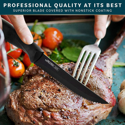 High-Carbon Stainless Steel Steak Knife Set - Sharp Serrated Knives & Nonstick Coating - Ergonomic TPR-Coated Handles - Rust-Resistant Blades & Hand Wash - 8-Piece Set, Black