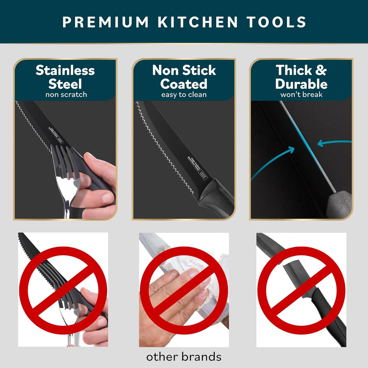 High-Carbon Stainless Steel Steak Knife Set - Sharp Serrated Knives & Nonstick Coating - Ergonomic TPR-Coated Handles - Rust-Resistant Blades & Hand Wash - 8-Piece Set, Black