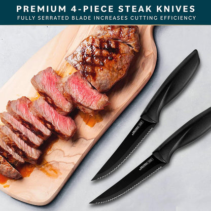 High-Carbon Stainless Steel Steak Knife Set - Sharp Serrated Knives & Nonstick Coating - Ergonomic TPR-Coated Handles - Rust-Resistant Blades & Hand Wash - 8-Piece Set, Black