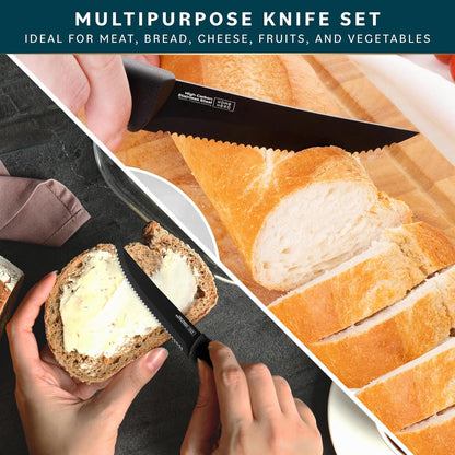 High-Carbon Stainless Steel Steak Knife Set - Sharp Serrated Knives & Nonstick Coating - Ergonomic TPR-Coated Handles - Rust-Resistant Blades & Hand Wash - 8-Piece Set, Black