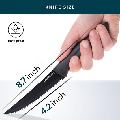 High-Carbon Stainless Steel Steak Knife Set - Sharp Serrated Knives & Nonstick Coating - Ergonomic TPR-Coated Handles - Rust-Resistant Blades & Hand Wash - 8-Piece Set, Black