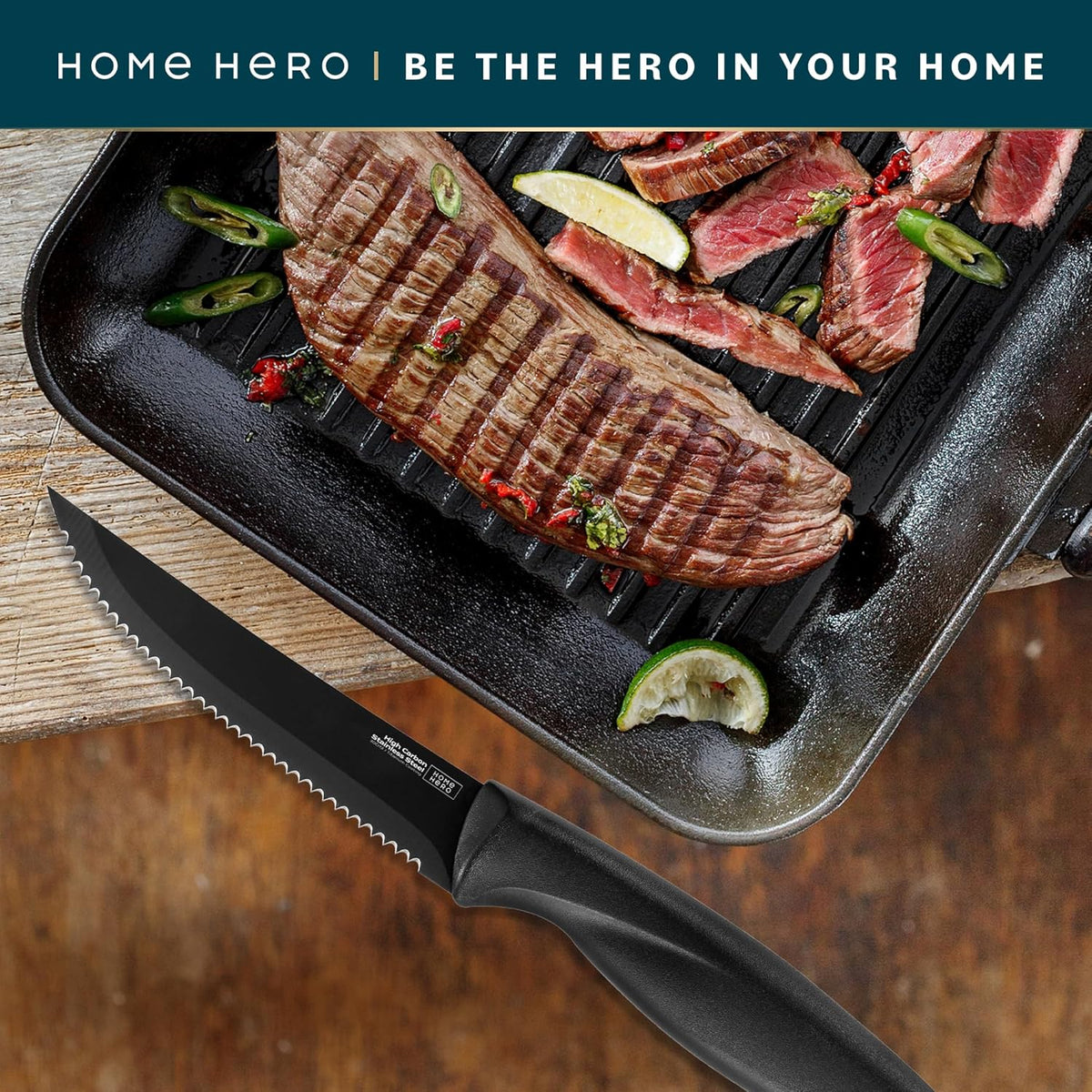 High-Carbon Stainless Steel Steak Knife Set - Sharp Serrated Knives & Nonstick Coating - Ergonomic TPR-Coated Handles - Rust-Resistant Blades & Hand Wash - 8-Piece Set, Black