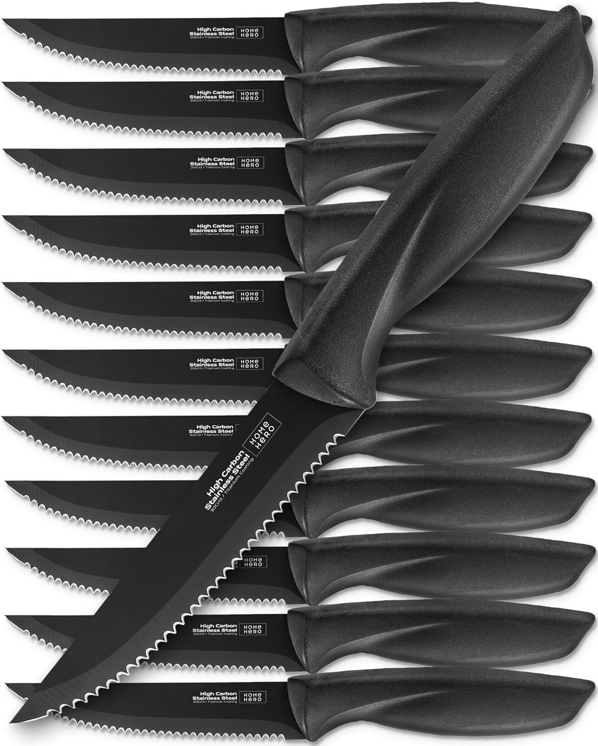 High-Carbon Stainless Steel Steak Knife Set - Sharp Serrated Knives & Nonstick Coating - Ergonomic TPR-Coated Handles - Rust-Resistant Blades & Hand Wash - 8-Piece Set, Black
