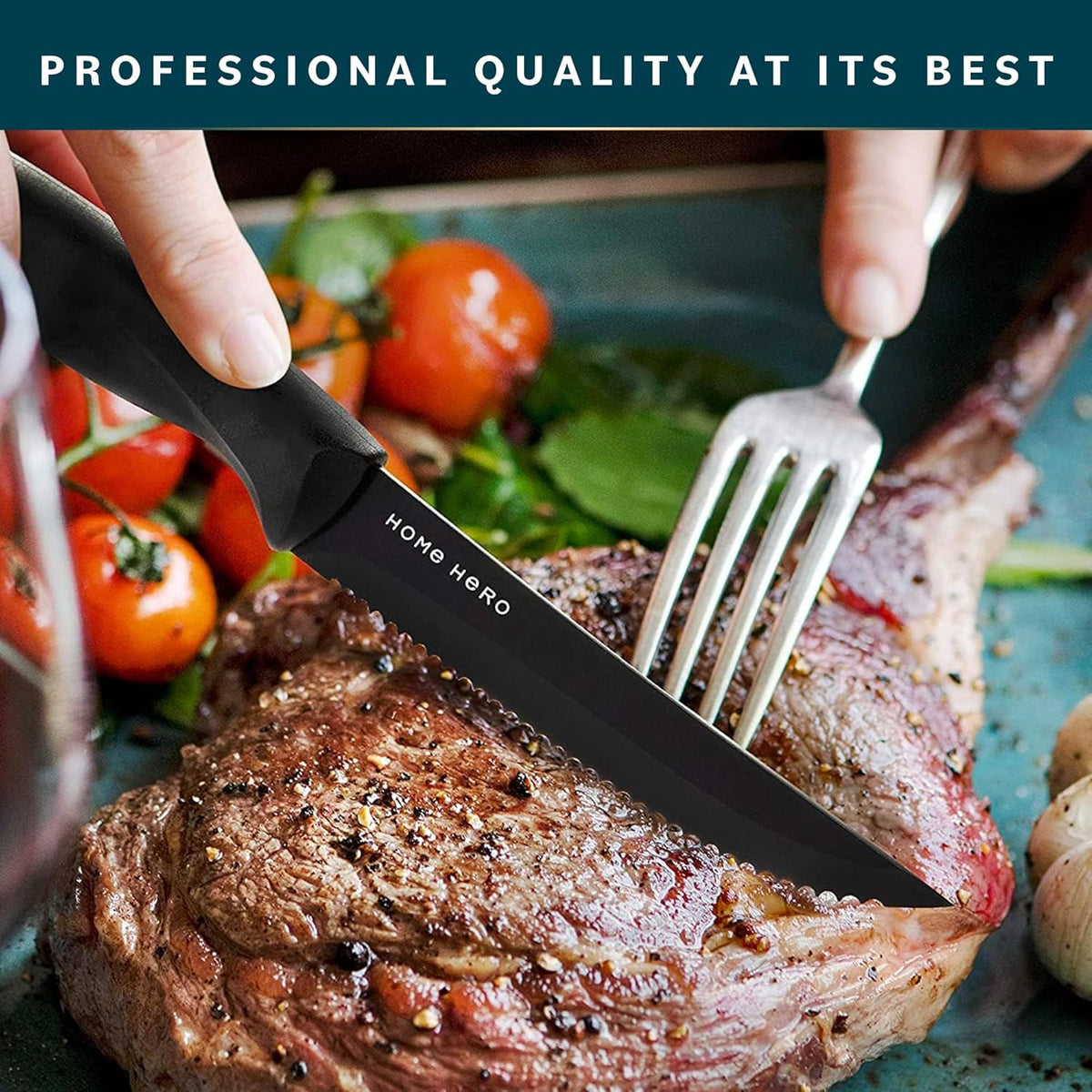 High-Carbon Stainless Steel Steak Knife Set - Sharp Serrated Knives & Nonstick Coating - Ergonomic TPR-Coated Handles - Rust-Resistant Blades & Hand Wash - 8-Piece Set, Black