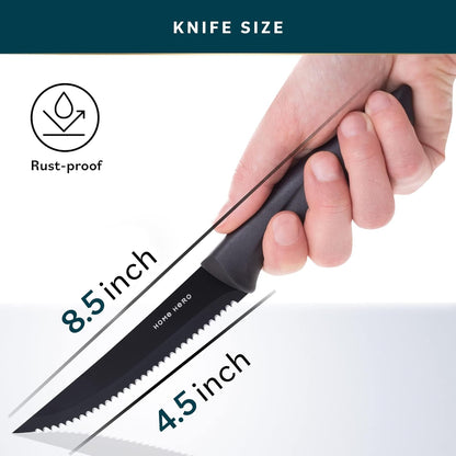 High-Carbon Stainless Steel Steak Knife Set - Sharp Serrated Knives & Nonstick Coating - Ergonomic TPR-Coated Handles - Rust-Resistant Blades & Hand Wash - 8-Piece Set, Black