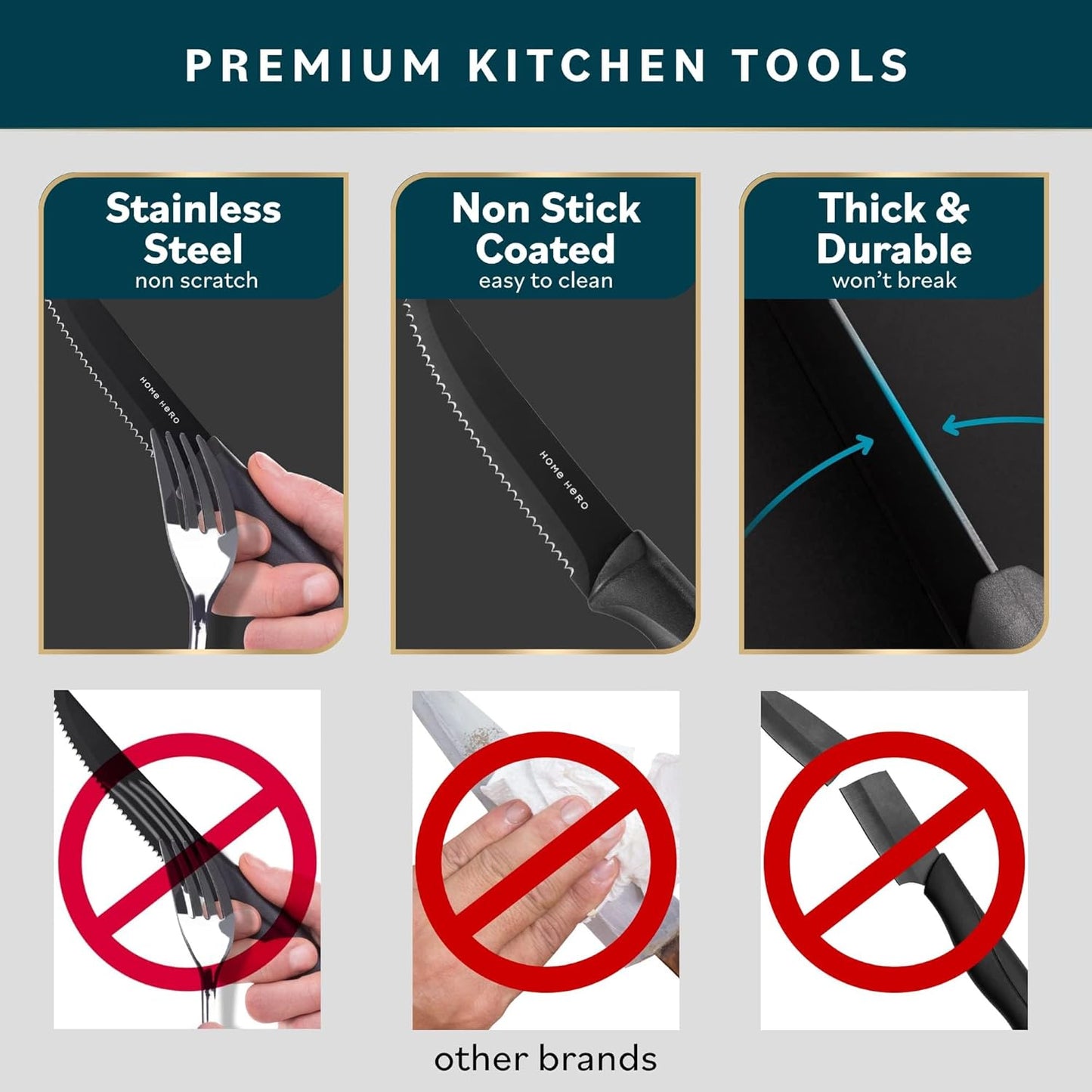 High-Carbon Stainless Steel Steak Knife Set - Sharp Serrated Knives & Nonstick Coating - Ergonomic TPR-Coated Handles - Rust-Resistant Blades & Hand Wash - 8-Piece Set, Black