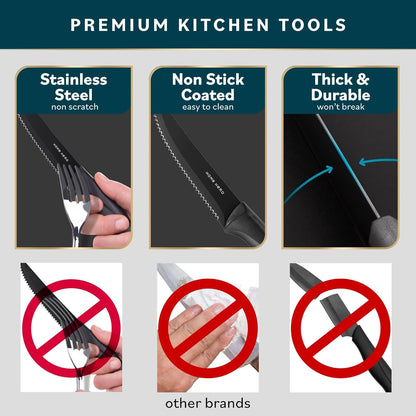 High-Carbon Stainless Steel Steak Knife Set - Sharp Serrated Knives & Nonstick Coating - Ergonomic TPR-Coated Handles - Rust-Resistant Blades & Hand Wash - 8-Piece Set, Black