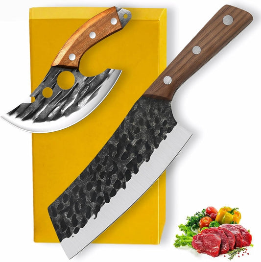 2PCS Meat Cleaver Knife, 7.5 Inch Razor Sharp High Carbon Steel Meat Cleaver, Durable, Viking Knife with Leather Sheath, Full Tang Handle,Chopping Butcher Knife for Meat Vegetable Cutting