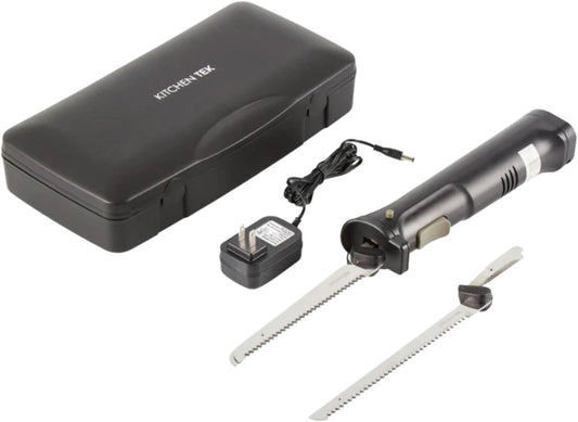 Kitchen Tek Electric Knife Set, 1 Electric Knife With Motorized Handle - Includes 1 Bread and 1 Carving Tool, 1 Case, Black Plastic Food Cutter With Stainless Steel Blades