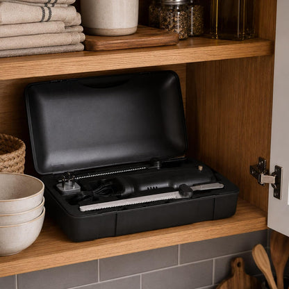 Kitchen Tek Electric Knife Set, 1 Electric Knife With Motorized Handle - Includes 1 Bread and 1 Carving Tool, 1 Case, Black Plastic Food Cutter With Stainless Steel Blades