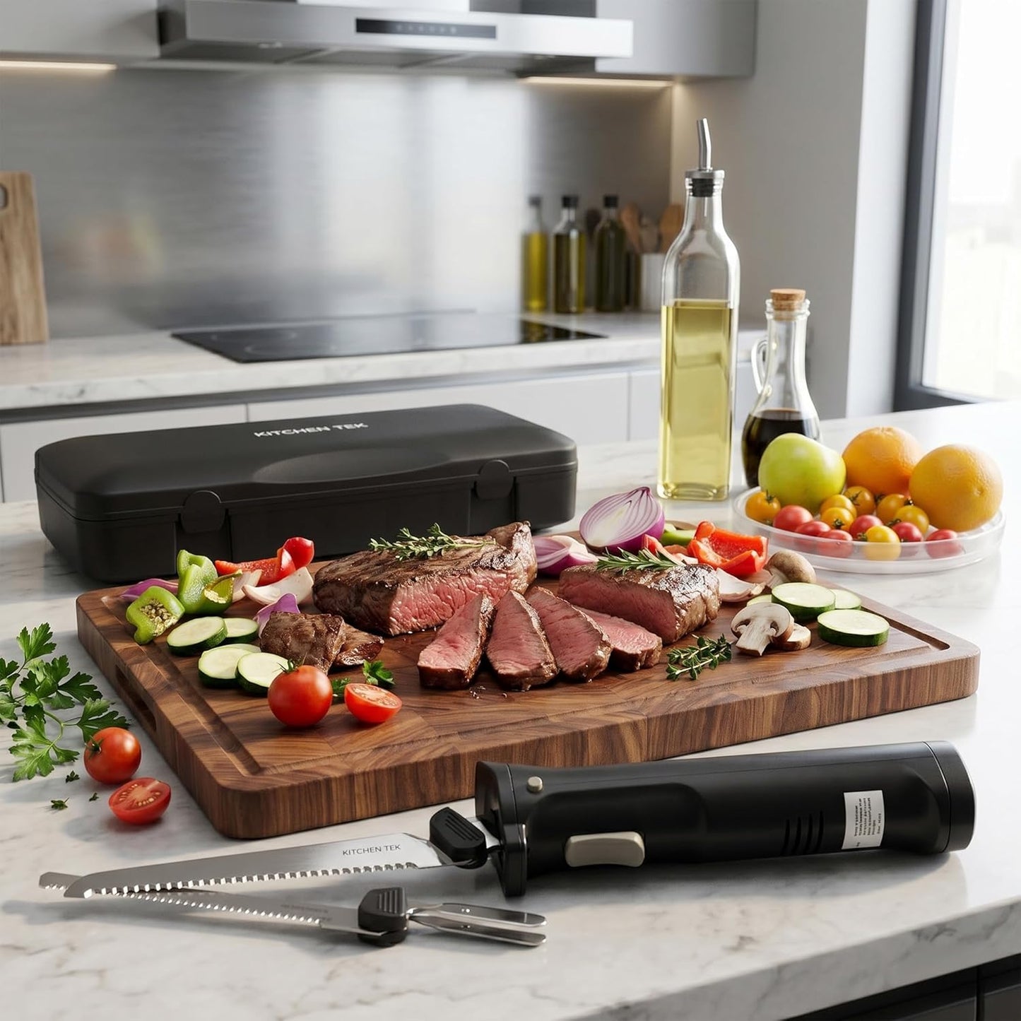 Kitchen Tek Electric Knife Set, 1 Electric Knife With Motorized Handle - Includes 1 Bread and 1 Carving Tool, 1 Case, Black Plastic Food Cutter With Stainless Steel Blades