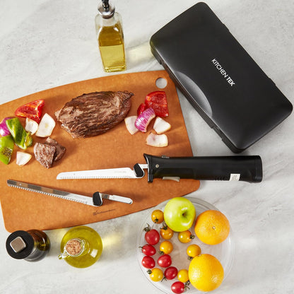 Kitchen Tek Electric Knife Set, 1 Electric Knife With Motorized Handle - Includes 1 Bread and 1 Carving Tool, 1 Case, Black Plastic Food Cutter With Stainless Steel Blades