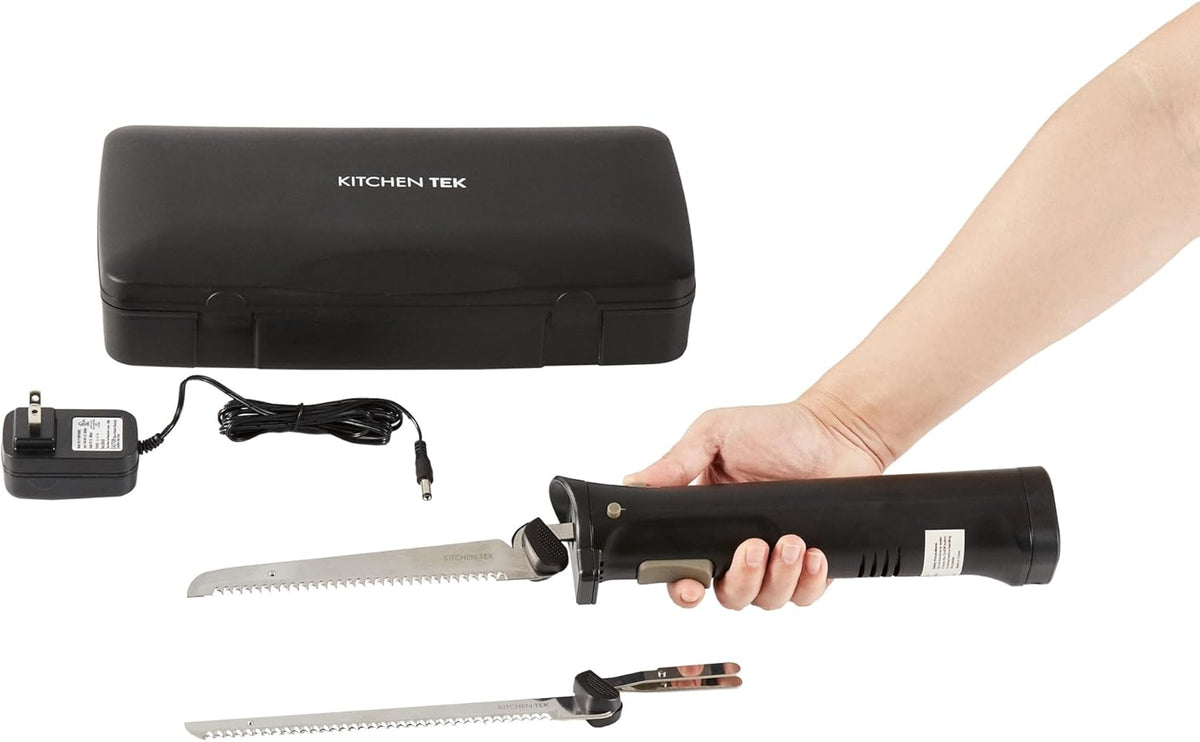 Kitchen Tek Electric Knife Set, 1 Electric Knife With Motorized Handle - Includes 1 Bread and 1 Carving Tool, 1 Case, Black Plastic Food Cutter With Stainless Steel Blades