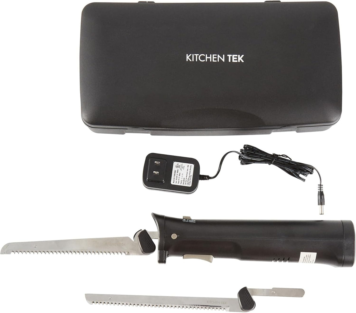 Kitchen Tek Electric Knife Set, 1 Electric Knife With Motorized Handle - Includes 1 Bread and 1 Carving Tool, 1 Case, Black Plastic Food Cutter With Stainless Steel Blades