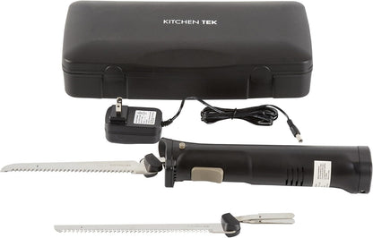 Kitchen Tek Electric Knife Set, 1 Electric Knife With Motorized Handle - Includes 1 Bread and 1 Carving Tool, 1 Case, Black Plastic Food Cutter With Stainless Steel Blades