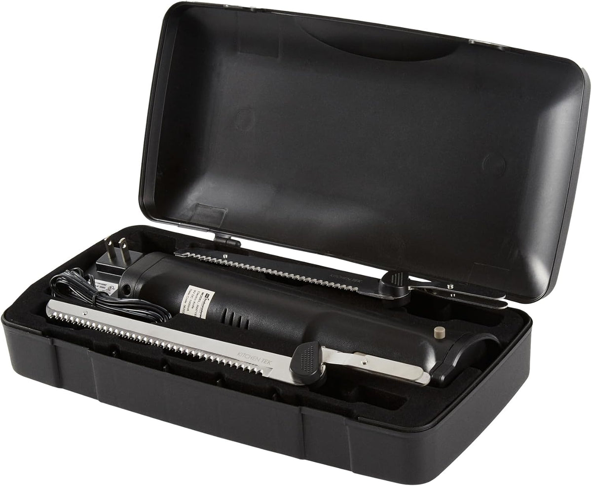 Kitchen Tek Electric Knife Set, 1 Electric Knife With Motorized Handle - Includes 1 Bread and 1 Carving Tool, 1 Case, Black Plastic Food Cutter With Stainless Steel Blades