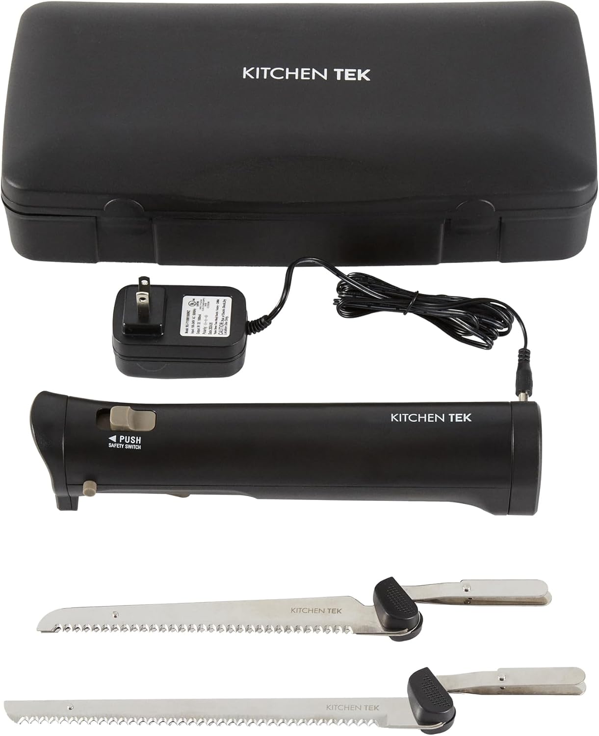 Kitchen Tek Electric Knife Set, 1 Electric Knife With Motorized Handle - Includes 1 Bread and 1 Carving Tool, 1 Case, Black Plastic Food Cutter With Stainless Steel Blades