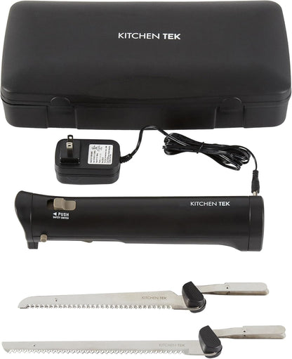 Kitchen Tek Electric Knife Set, 1 Electric Knife With Motorized Handle - Includes 1 Bread and 1 Carving Tool, 1 Case, Black Plastic Food Cutter With Stainless Steel Blades