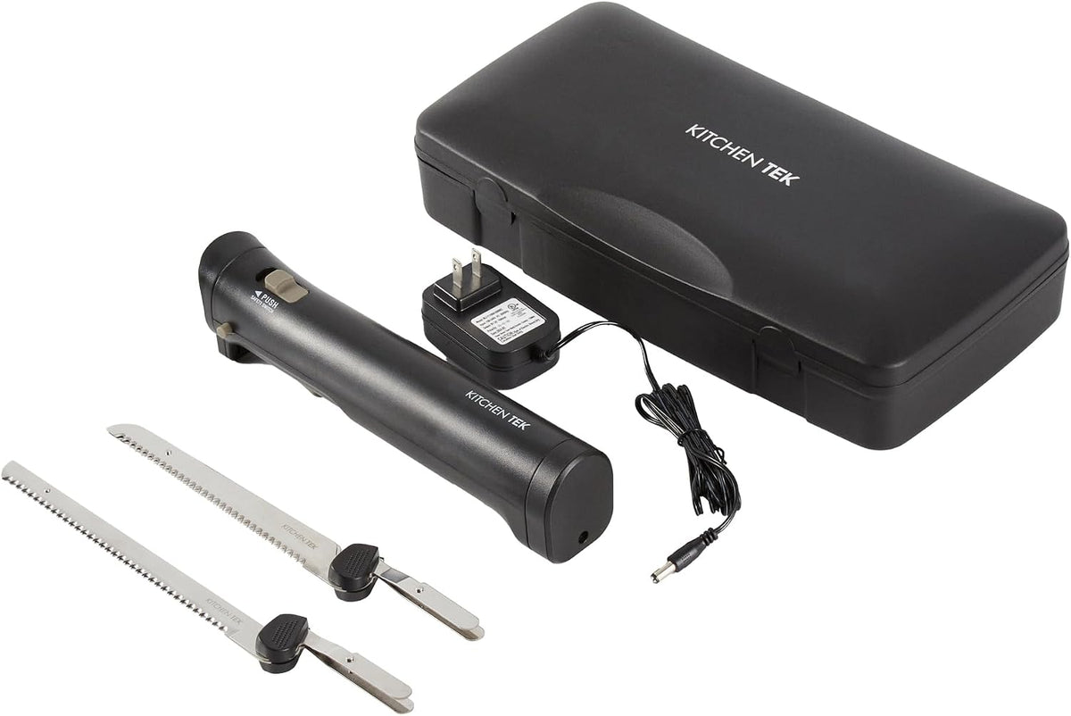 Kitchen Tek Electric Knife Set, 1 Electric Knife With Motorized Handle - Includes 1 Bread and 1 Carving Tool, 1 Case, Black Plastic Food Cutter With Stainless Steel Blades