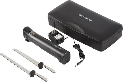 Kitchen Tek Electric Knife Set, 1 Electric Knife With Motorized Handle - Includes 1 Bread and 1 Carving Tool, 1 Case, Black Plastic Food Cutter With Stainless Steel Blades