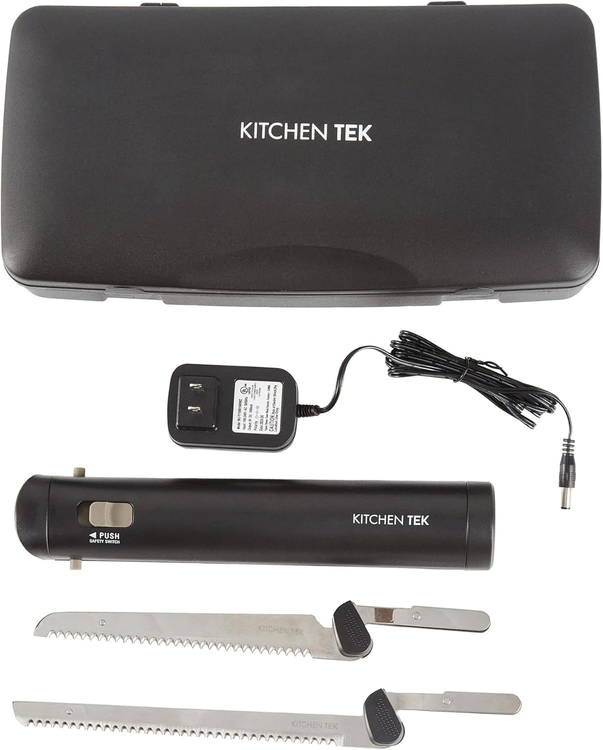 Kitchen Tek Electric Knife Set, 1 Electric Knife With Motorized Handle - Includes 1 Bread and 1 Carving Tool, 1 Case, Black Plastic Food Cutter With Stainless Steel Blades