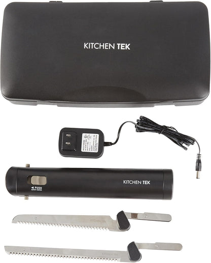 Kitchen Tek Electric Knife Set, 1 Electric Knife With Motorized Handle - Includes 1 Bread and 1 Carving Tool, 1 Case, Black Plastic Food Cutter With Stainless Steel Blades